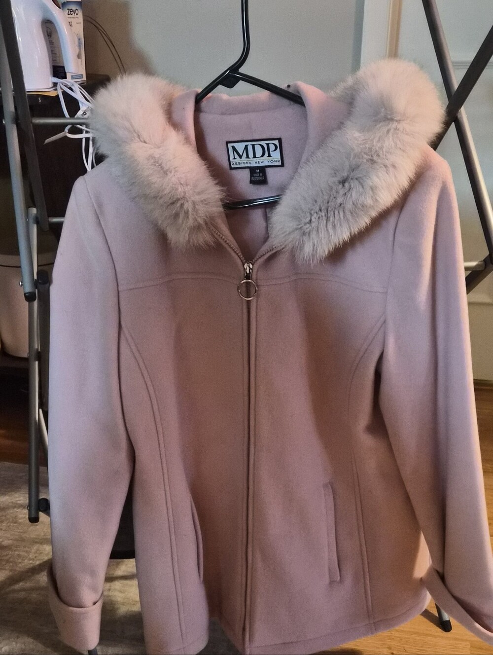 Pink Wool Blend Hooded Coat with Faux Fur Trim